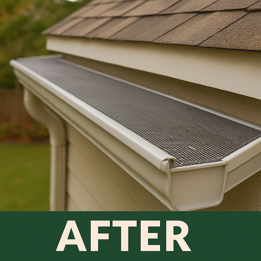 Clean protected gutters with gutter guards installed, no debris visible