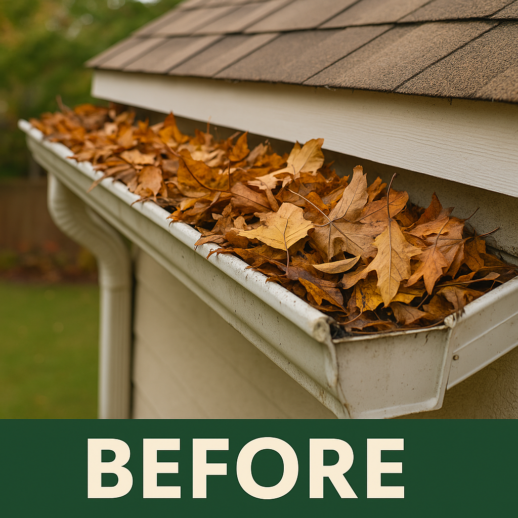 Clogged gutters filled with leaves and debris before gutter guard installation