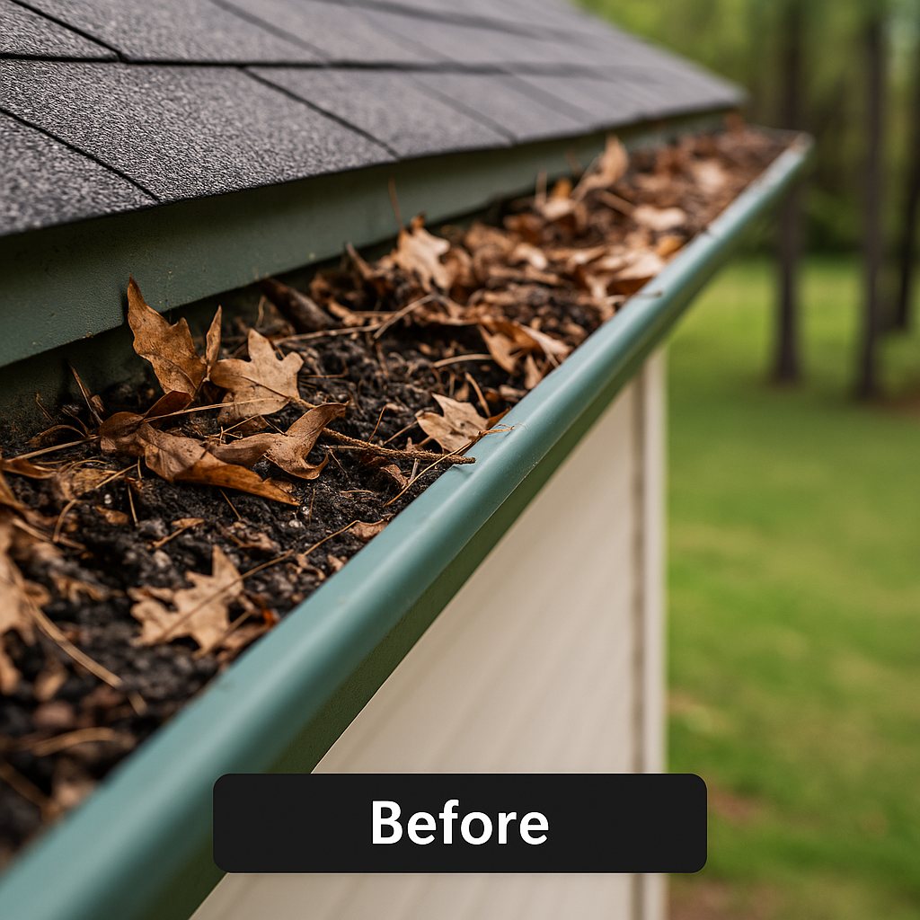Heavily debris-filled gutters overflowing with leaves before guard installation